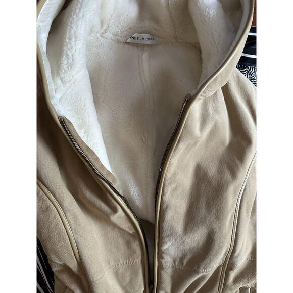 Vintage Suede Tan-White Fur Jacket/Coat Zip Up Maurices Y2K Hooded Women’s Large - Picture 7 of 11